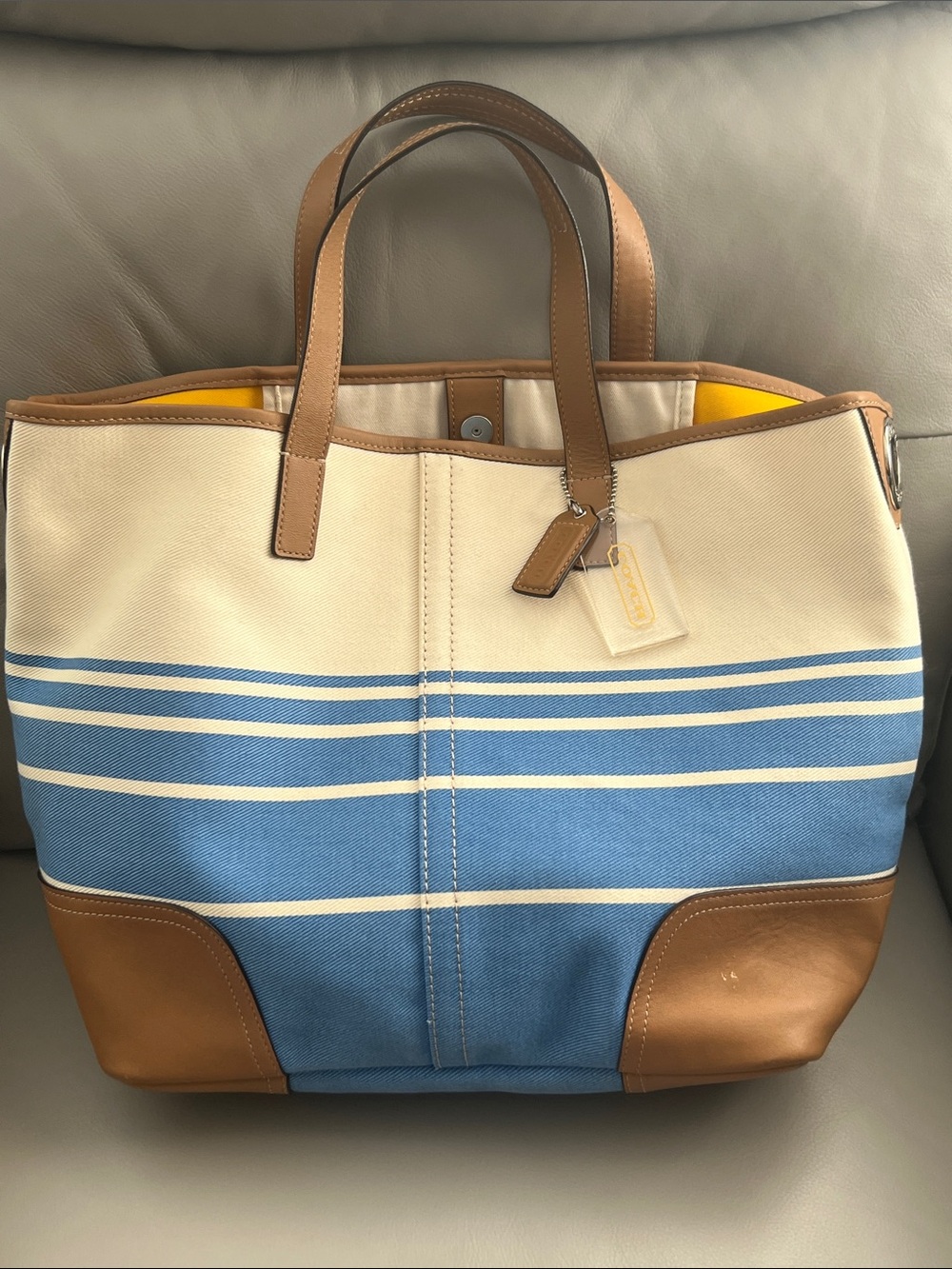 Coach Hadley Variegated Canvas Stripe Tote in Cream, Blue & Brown Leather